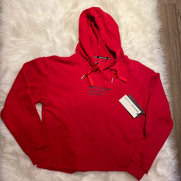 DKNY Jeans Red Hoodie Long Sleeve Hooded Sweater with Raw Hem Size Small NWT - Picture 2 of 6